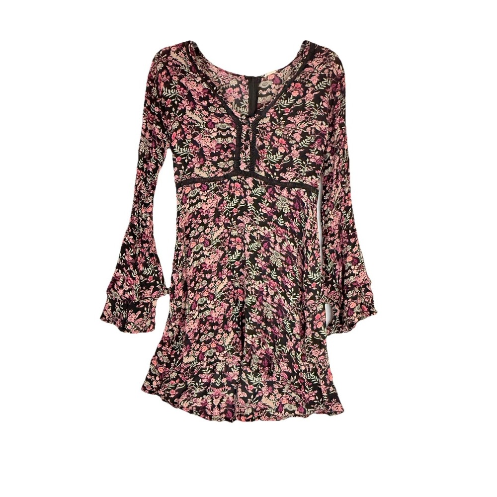 En Creme Boho Floral Mini Dress Black Pink Rayon Romantic Festival S Bell Sleeve